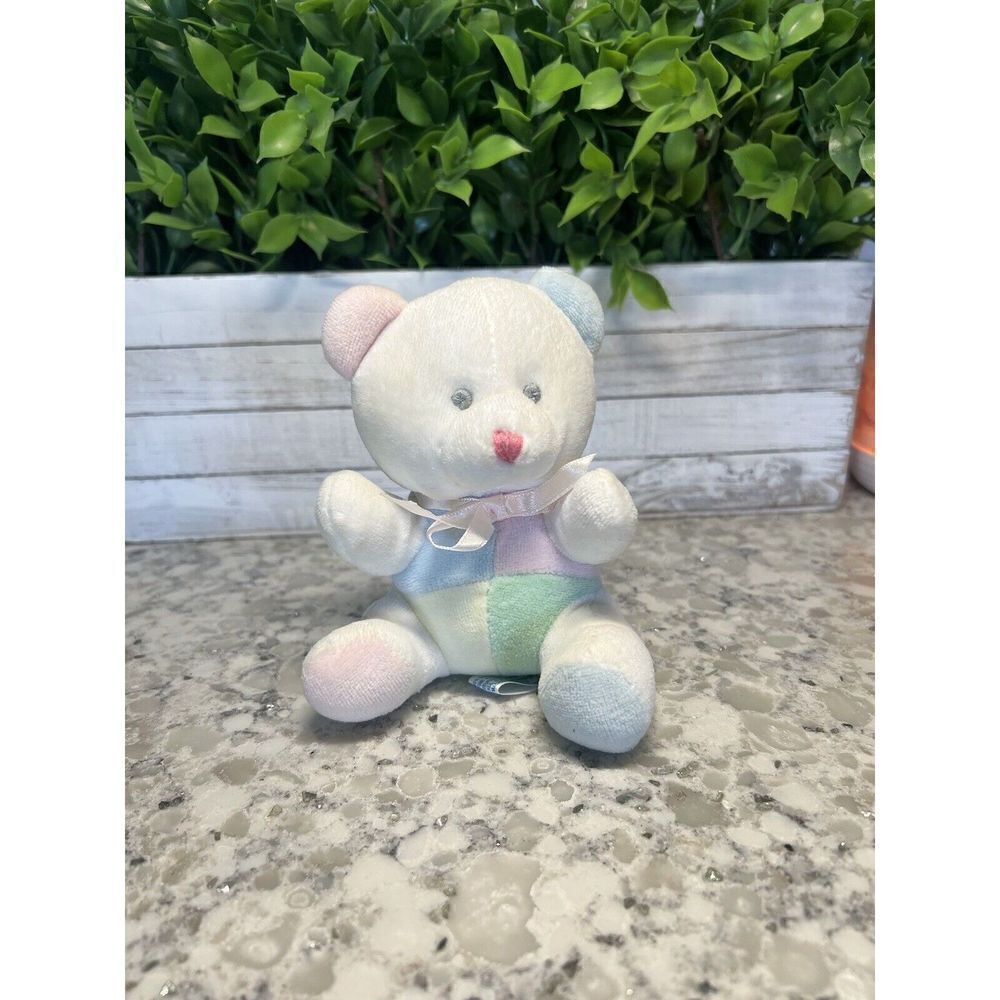 Vintage 5" Terrycloth Pastel Colorblock Teddy‎ Bear Rattle Baby Plush Toy AS IS